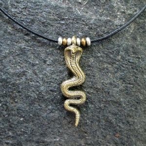 Men's Brass Snake Necklace Black Leather Cord